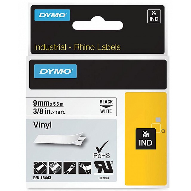 DYMO RHINO 9MM VINYL ZWART OP WIT