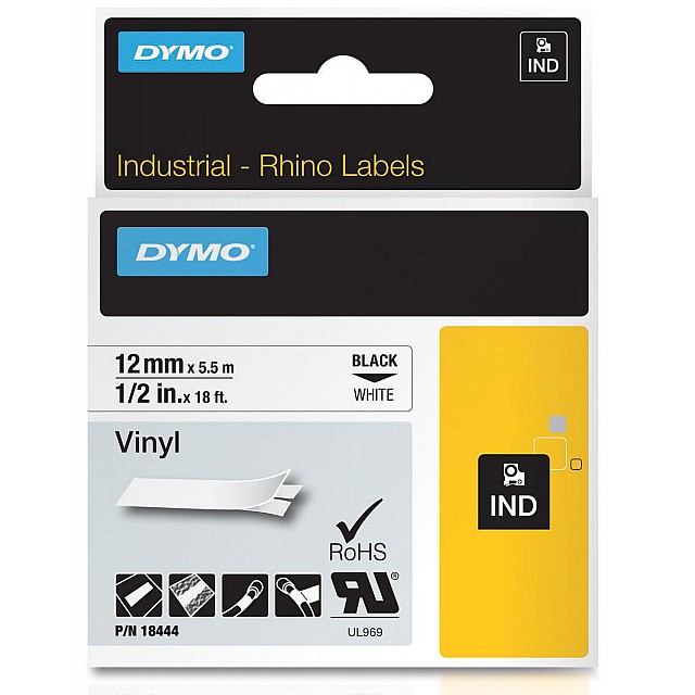 DYMO RHINO VINYLTAPE 12MM ZWART/WIT