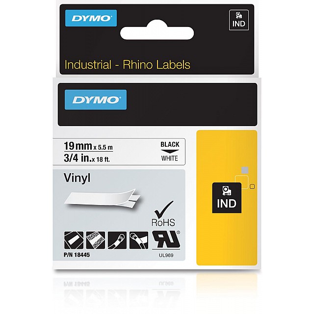 DYMO RHINO 19MM VINYL ZW OP WIT