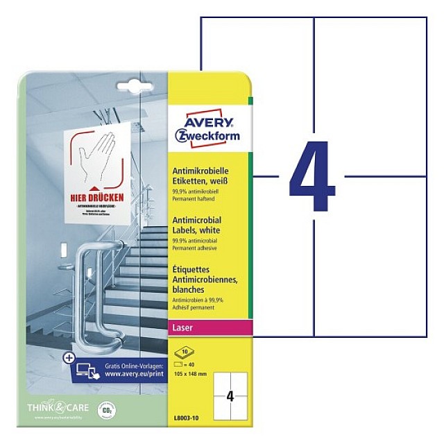 AVERY ETIKETTEN ANTI BACTERIEEL 105X148 40st wit