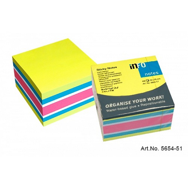 INFO NOTES 75X75 blok geel,blauw,wit,roze 450vel