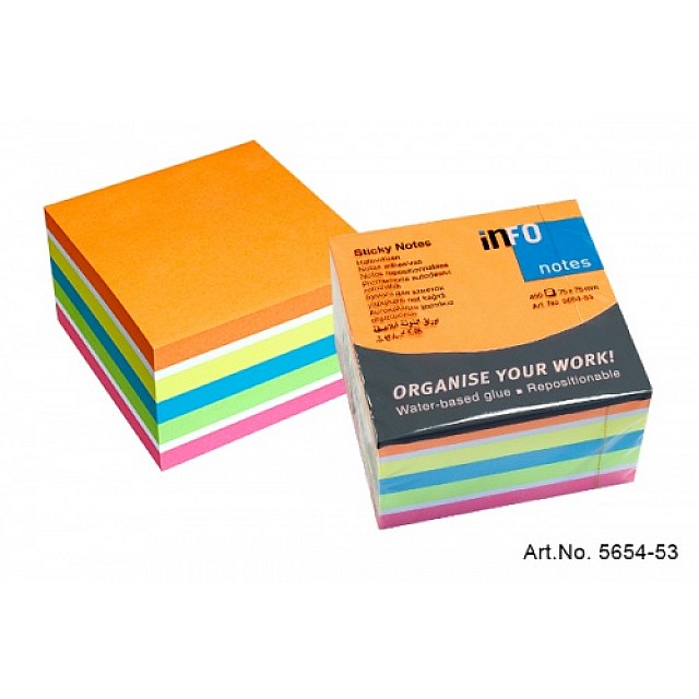 INFO NOTES 75X75 blok oanje,geel,wit,blauw,groen,roze 450vel