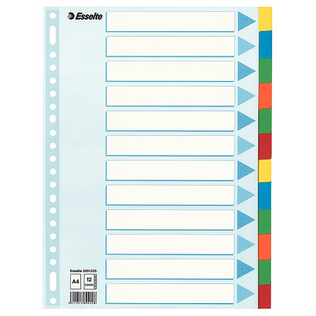 ESSELTE TABBLAD KARTON 220G 12TABS felle kleuren