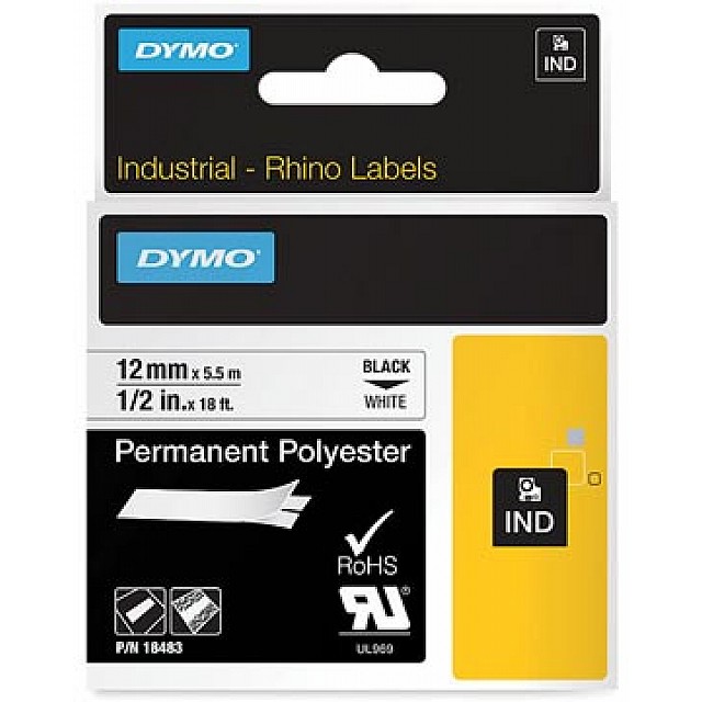 DYMO RHINO TAPE PERM POLYESTER 12MM WIT