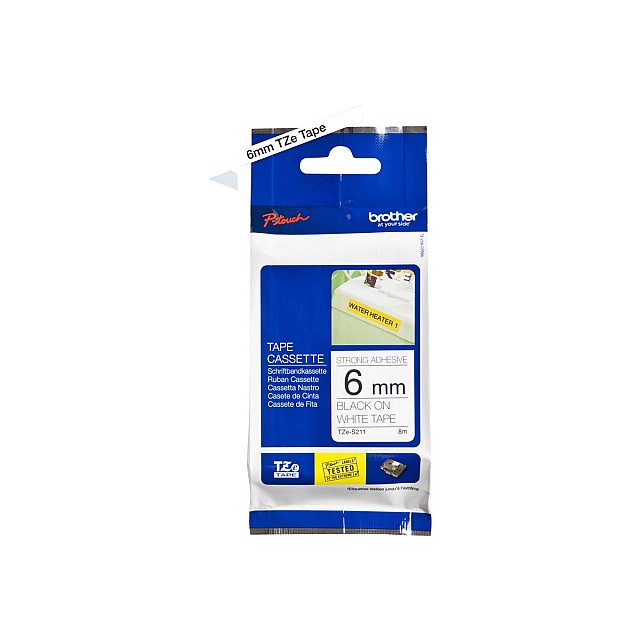 BROTHER P-Touch TZE-S211 black on white 6mm extra gluey