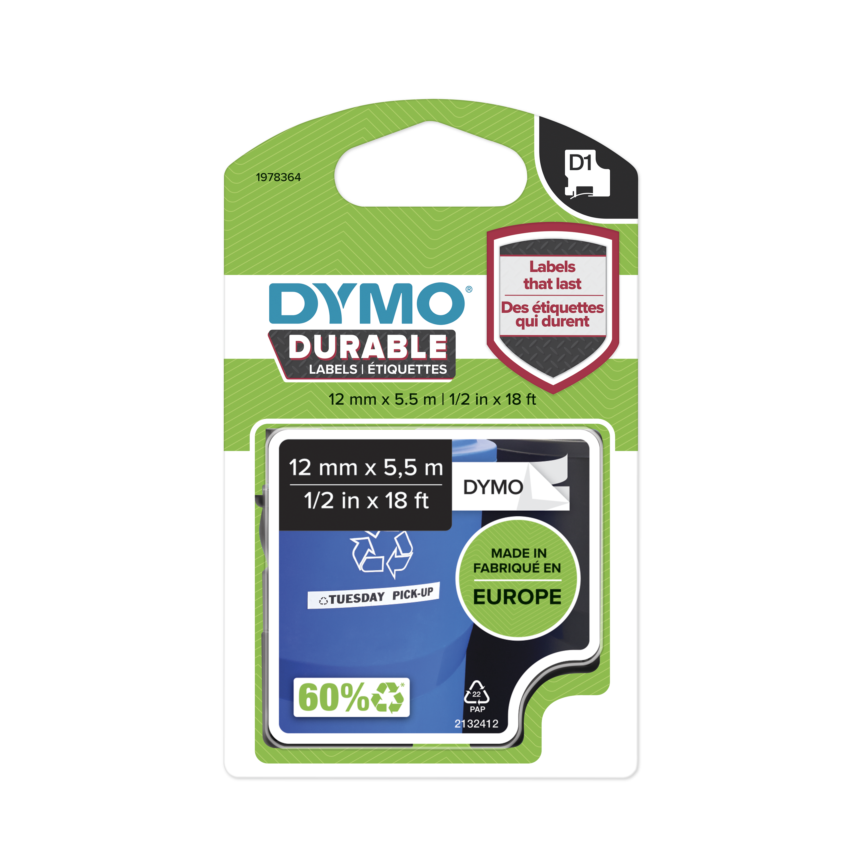 DYMO DURABLE D1 TAPE 12MMX5M ZWART/WIT