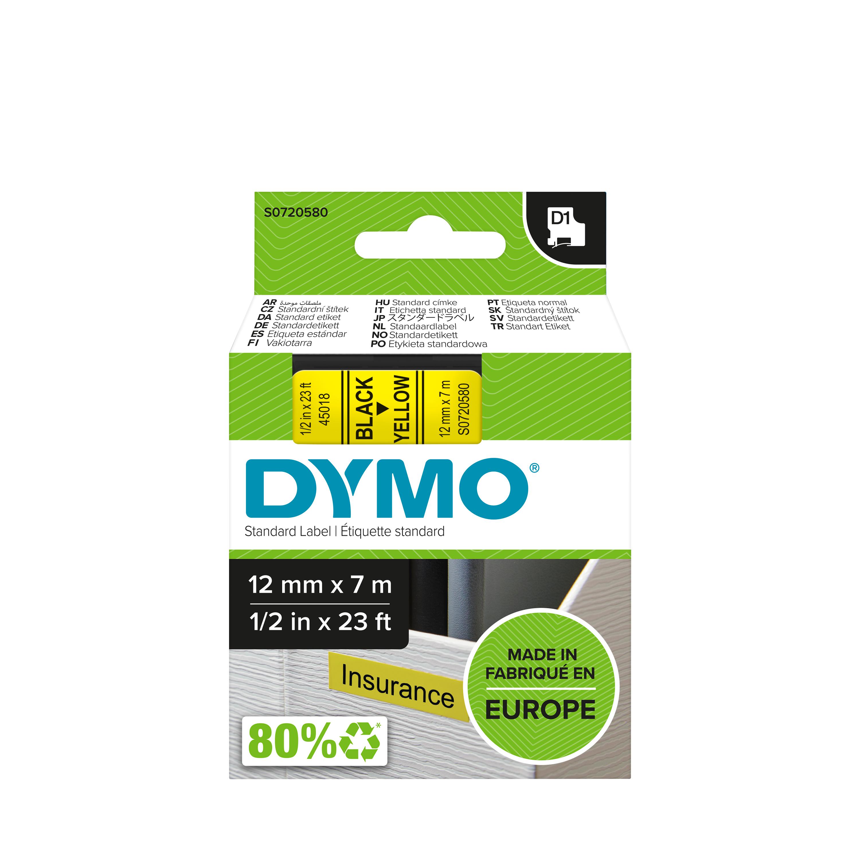 DYMO TAPE 12MM 45018 ZWART/GEEL