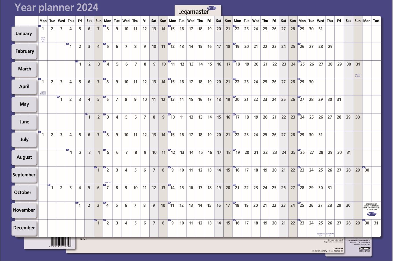 LEGA JAARPLANNER HORIZONTAAL 420122 geplastificeerd