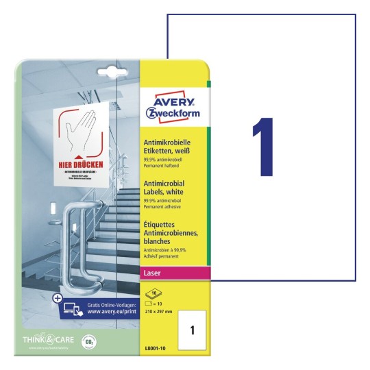 AVERY ETIKETTEN ANTI BACTERIEEL 210x297 10st wit