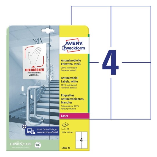 AVERY ETIKETTEN ANTI BACTERIEEL 105X148 40st wit