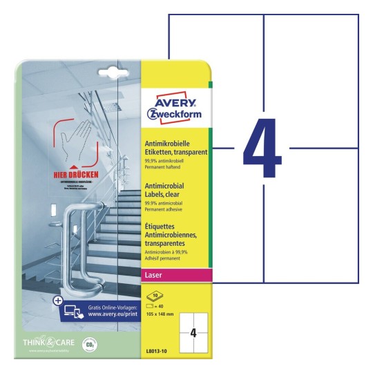 AVERY ETIKETTEN ANTI BACTERIEEL 105X148 40st transparant