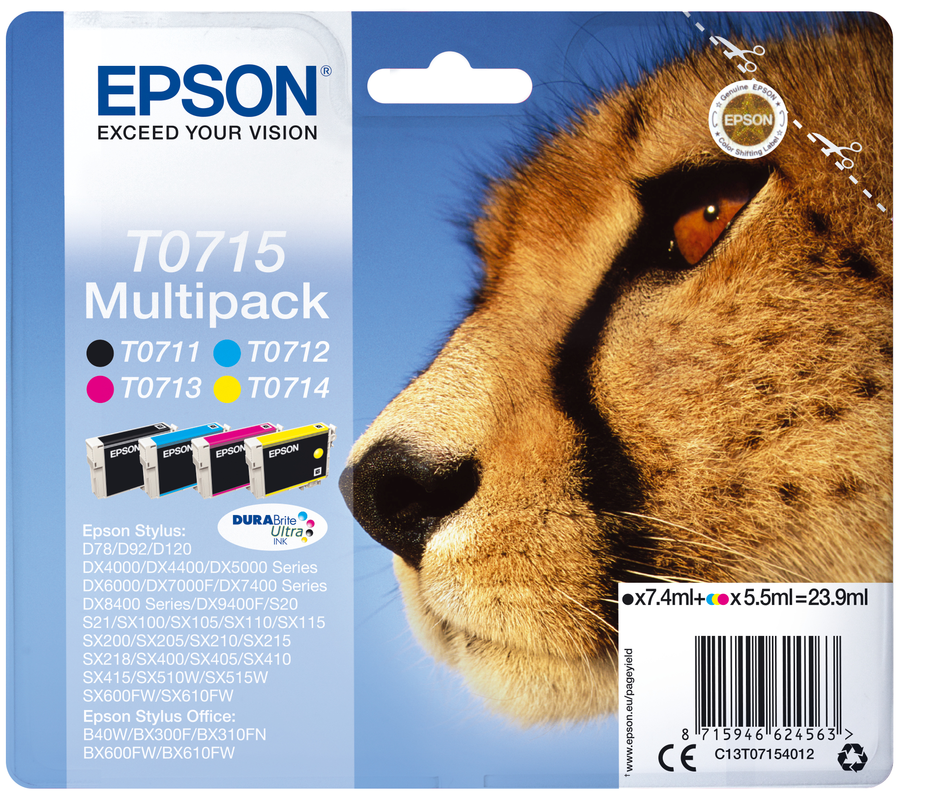 EPSON T0715 inktcartridge zwart en drie kleuren standard cap