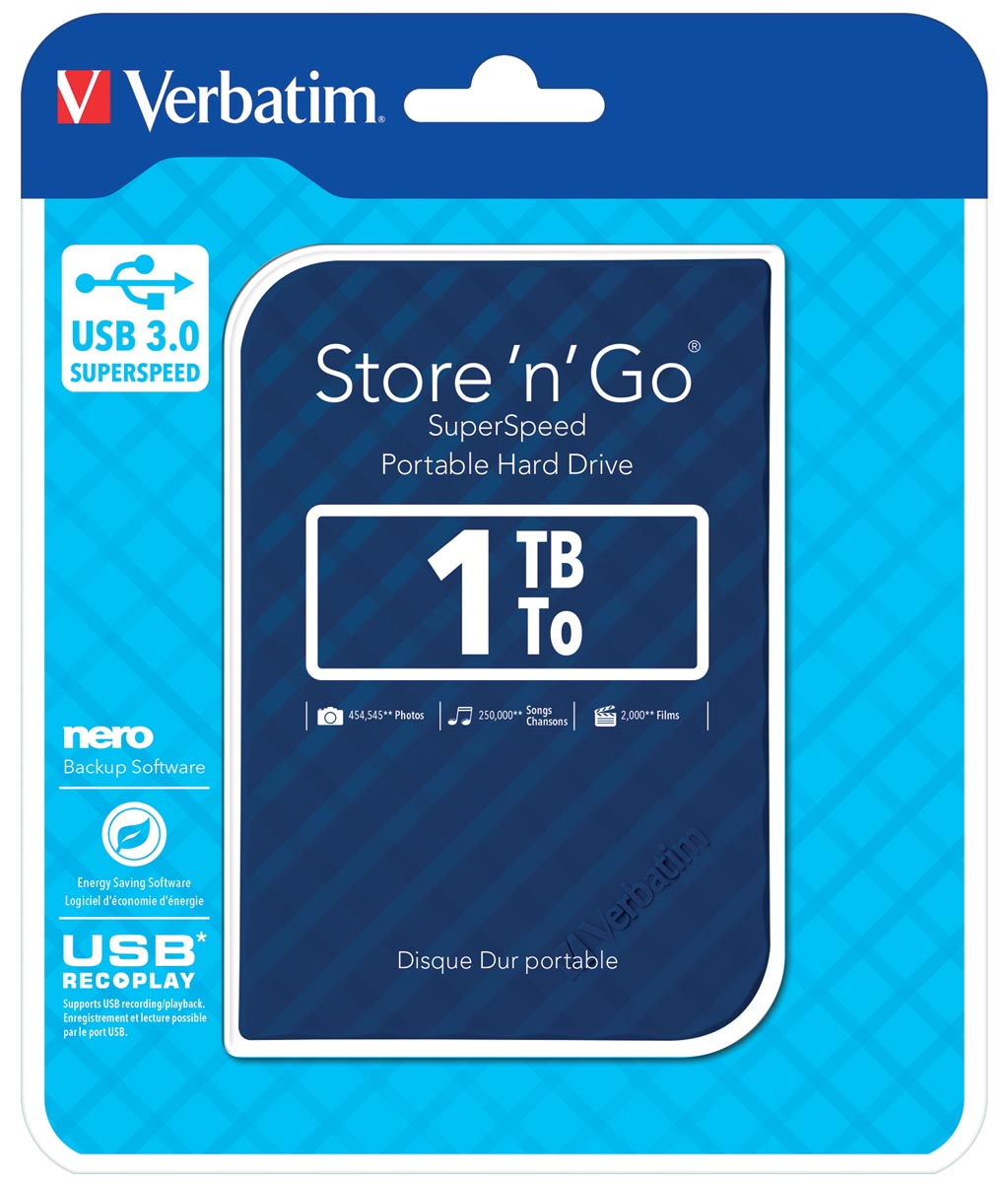 VERBATIM HDD3 1TB BLAUW-STREEP