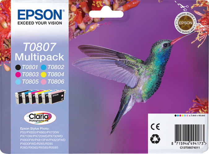 EPSON T0807 inktcartridge zwart en vijf kleuren standard cap