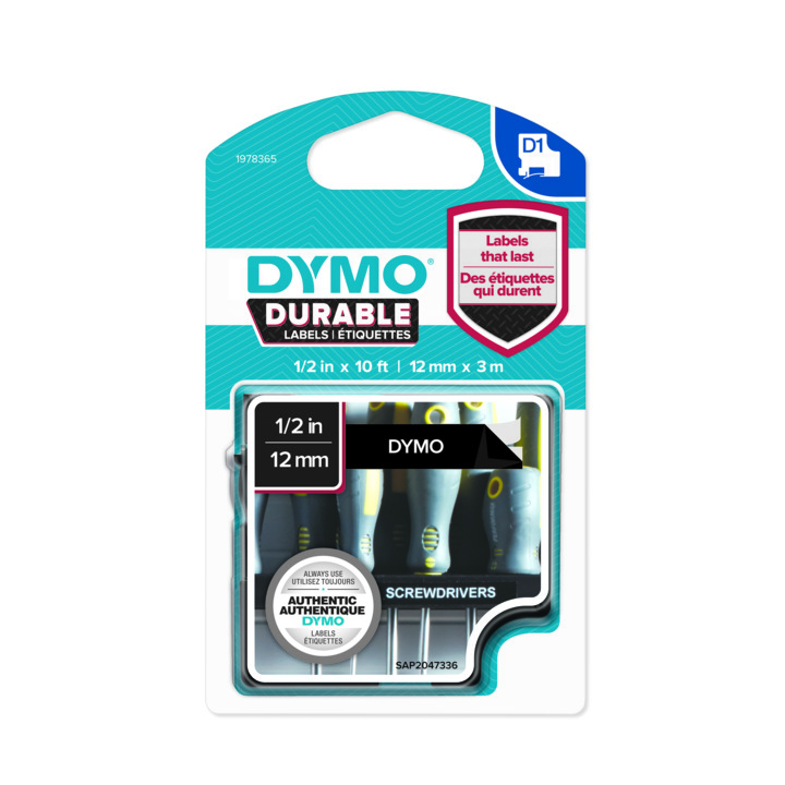 DYMO DURABLE D1 TAPE 12MMX3M WIT/ZWART